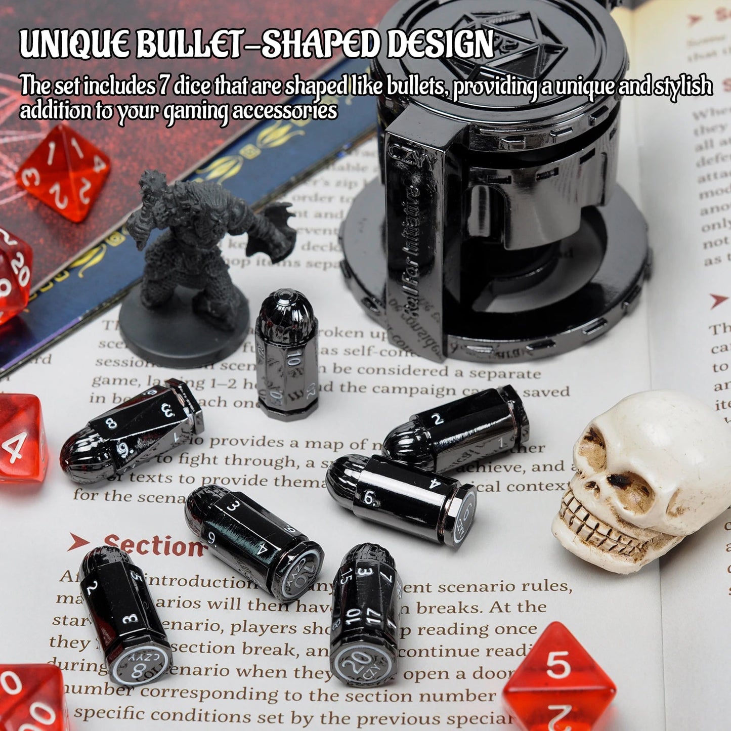 Metal  Bullet Dice Set of 7 with Spinning Revolver Cylinder Container - Cyberpunk Style Dice