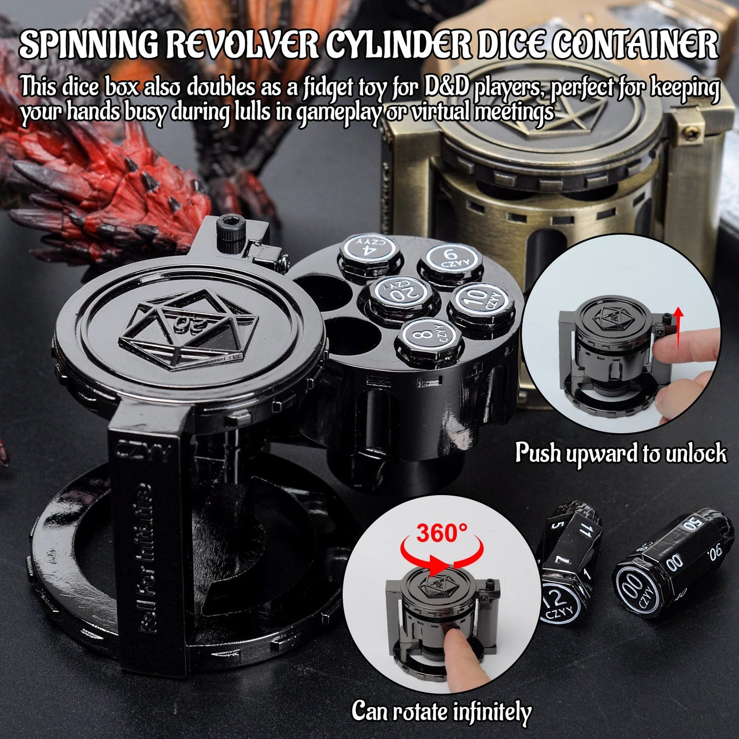 Metal  Bullet Dice Set of 7 with Spinning Revolver Cylinder Container - Cyberpunk Style Dice