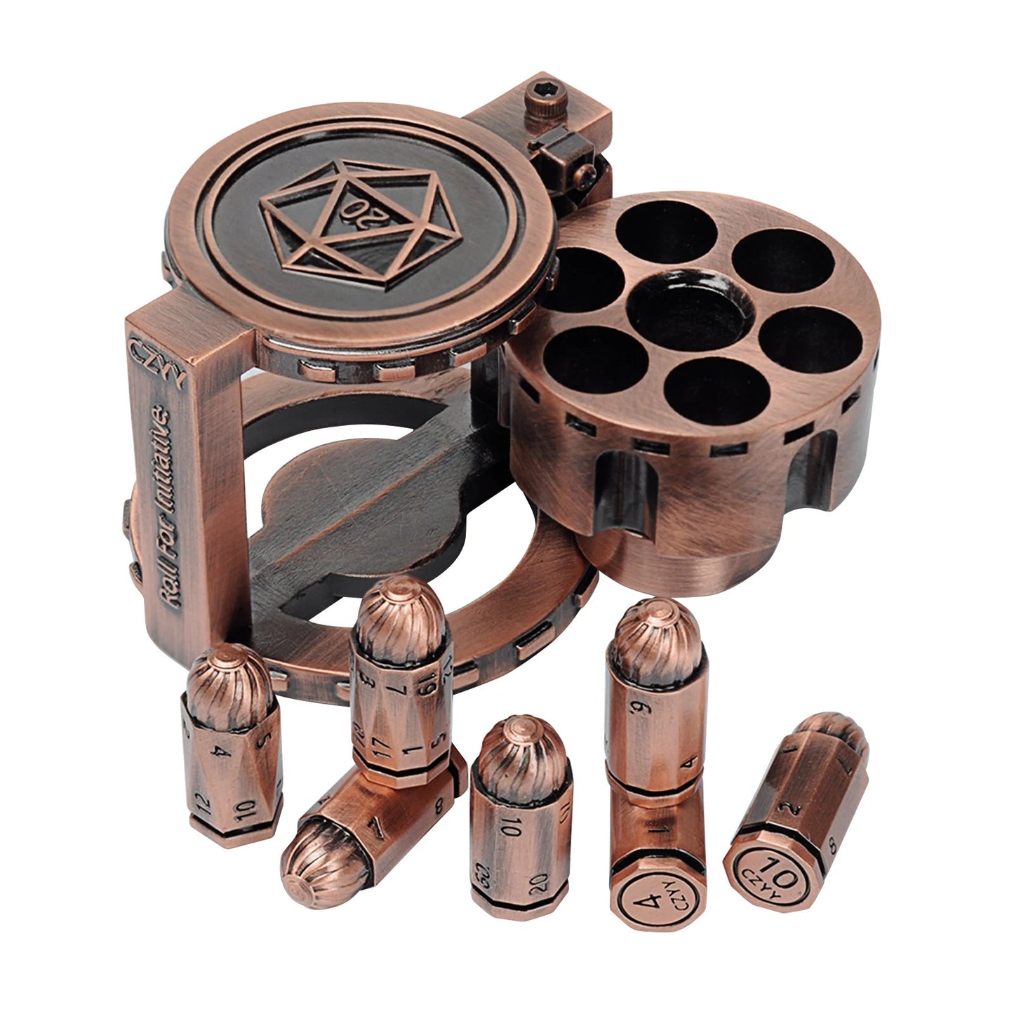 Metal  Bullet Dice Set of 7 with Spinning Revolver Cylinder Container - Cyberpunk Style Dice