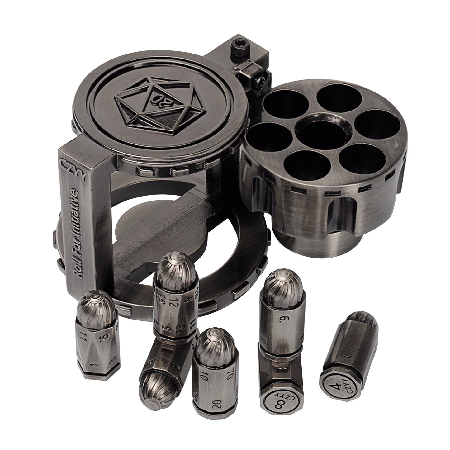 Metal  Bullet Dice Set of 7 with Spinning Revolver Cylinder Container - Cyberpunk Style Dice