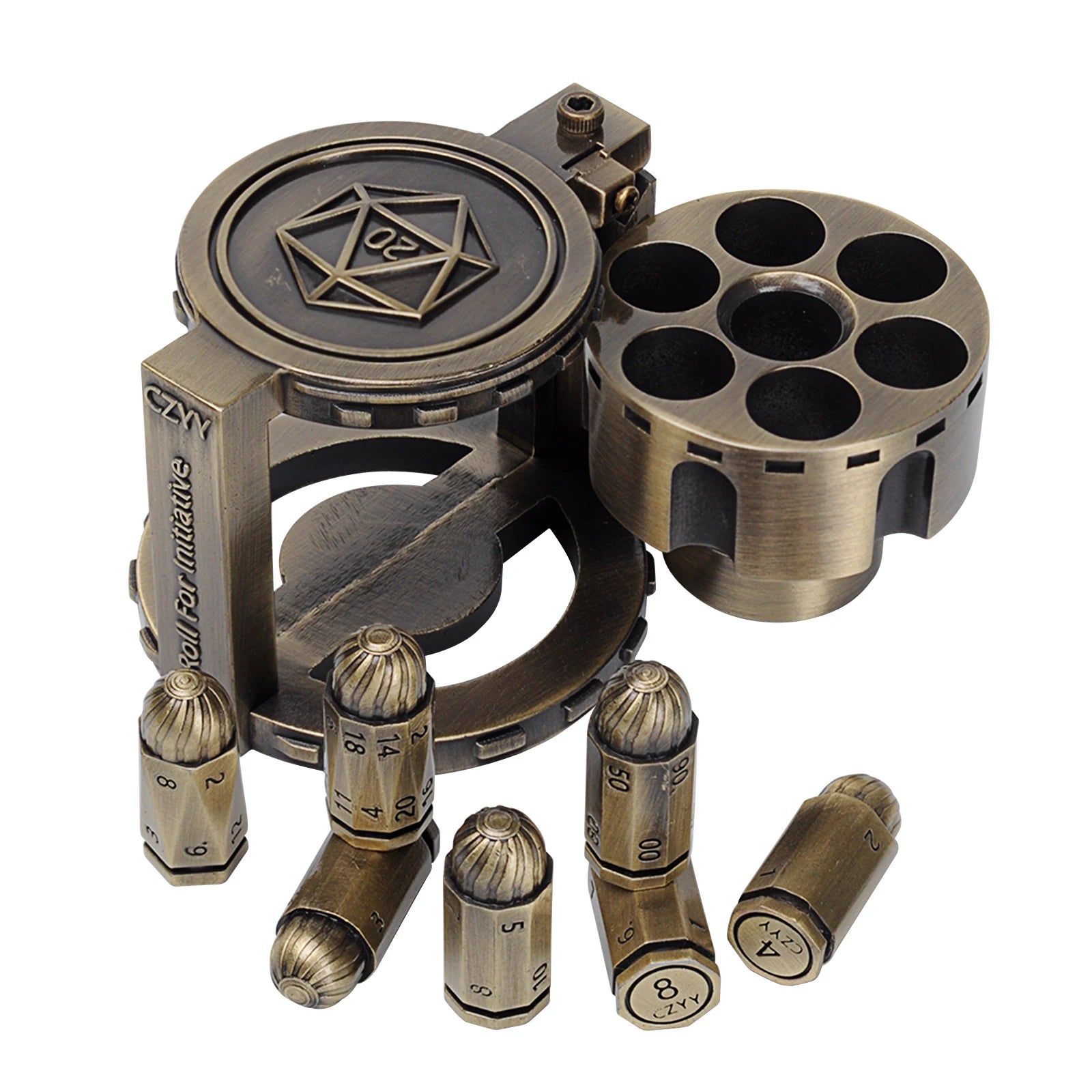 Metal  Bullet Dice Set of 7 with Spinning Revolver Cylinder Container - Cyberpunk Style Dice