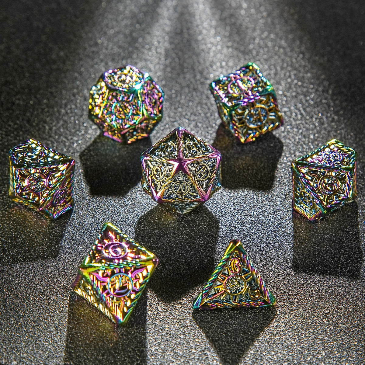 Metal solid sun pattern silver border red yellow dice set