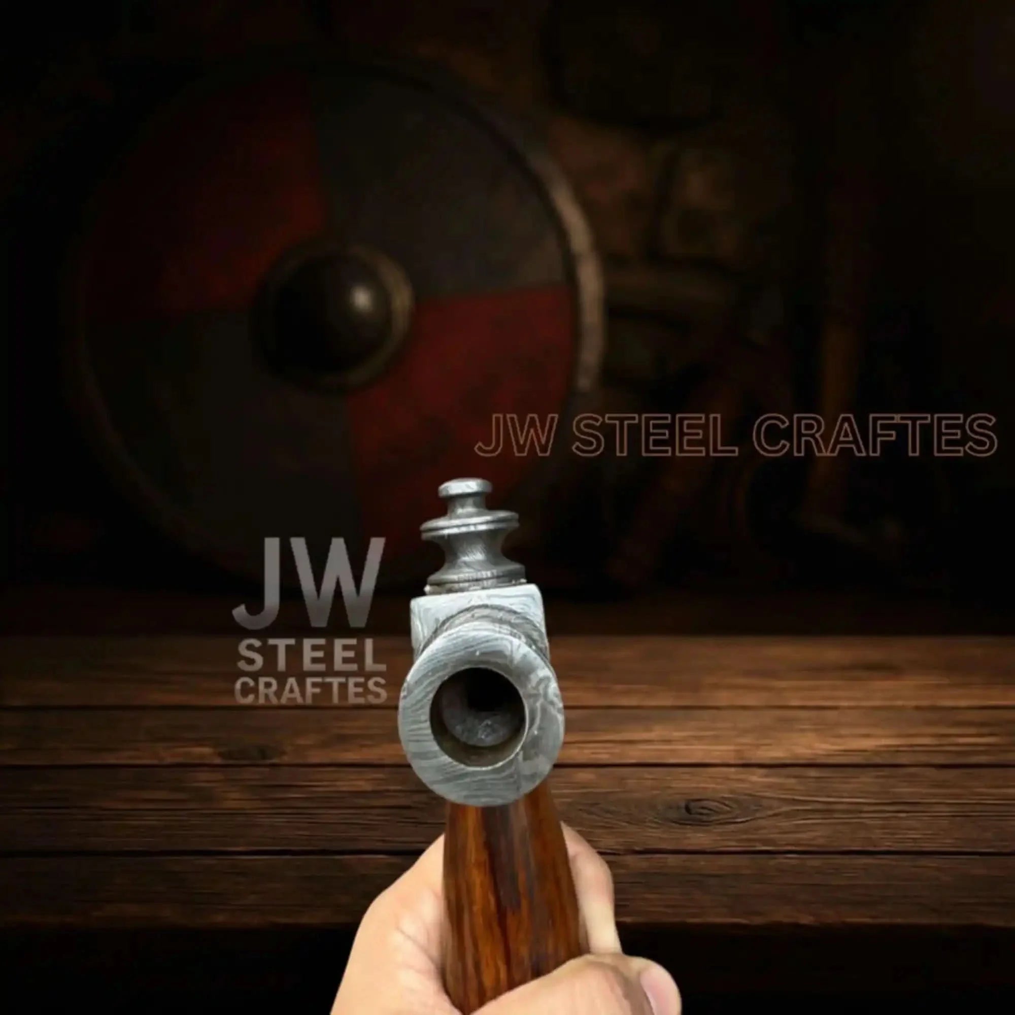 Collectible Artisan Pipe Axe in Damascus Steel with Hardwood Handle
