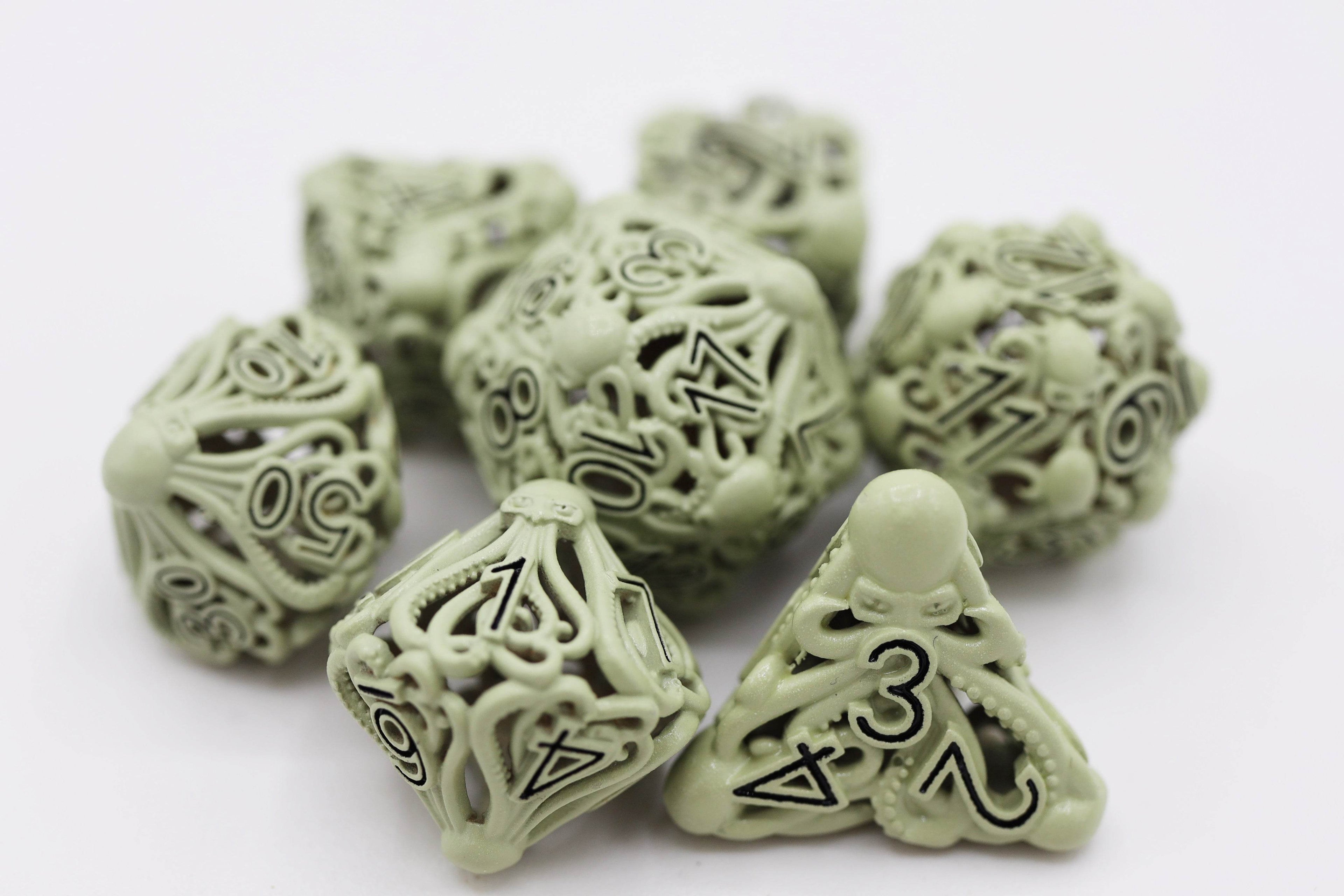 Mind Eater: Glow Green - Hollow Metal RPG Dice Set - 