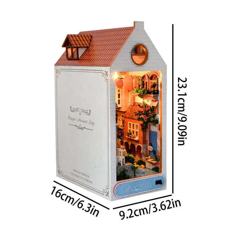 Miniature Cabin Kit Wooden Bookend Kits With LED Lights Artistic Sense Craft Decoration For Study Room Kids Room Bedroom Living