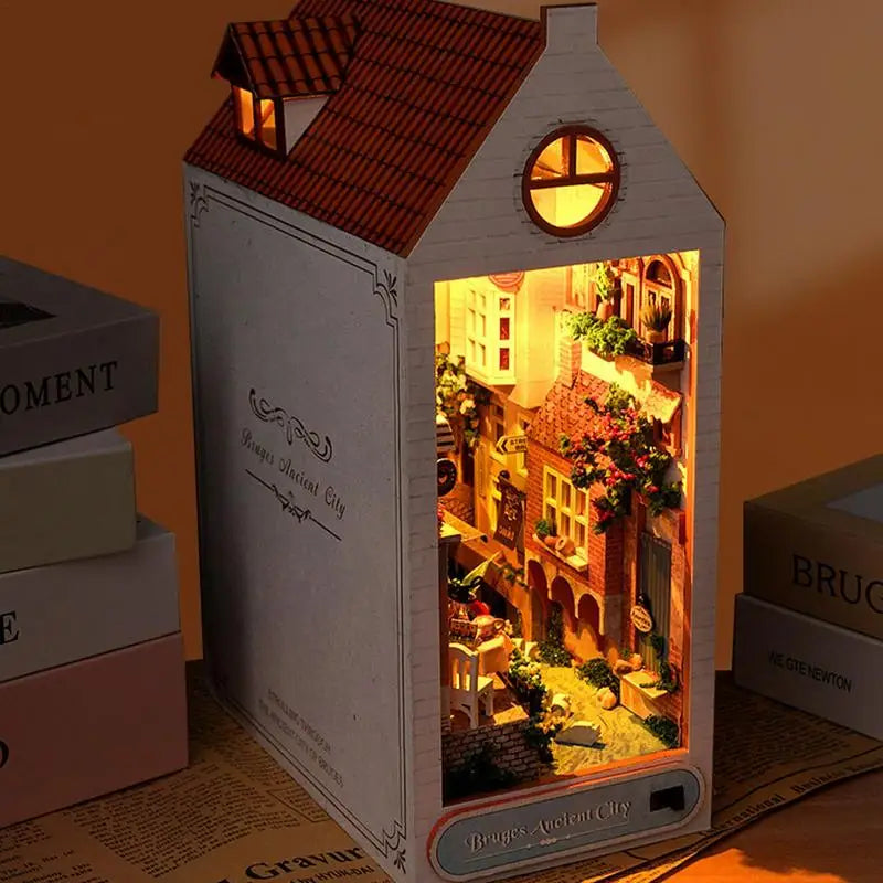 Miniature Cabin Kit Wooden Bookend Kits With LED Lights Artistic Sense Craft Decoration For Study Room Kids Room Bedroom Living