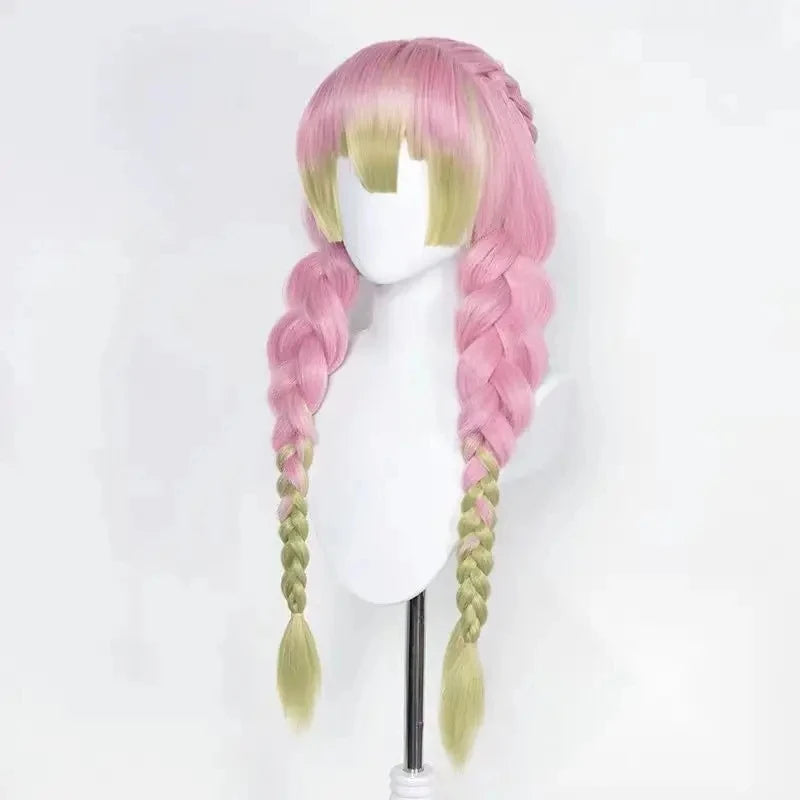 Mitsuri Kanroji Cosplay Wig Kimetsu no Yaiba Long Pink Green Heat Resistant Hair Authentic Cosplay Wigs + Wig Cap