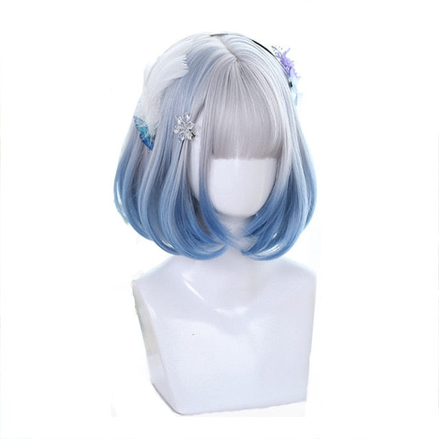 Mixed Blue Bob Lolita Wigs with Bangs Short Harajuku Cosplay Wig Pink Wig Heat Resistant Synthetic Hair Party