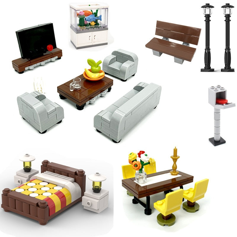 Moc Accessories Locking Creator City Room Sofa Bed Desk Bed Table Furniture Bricks