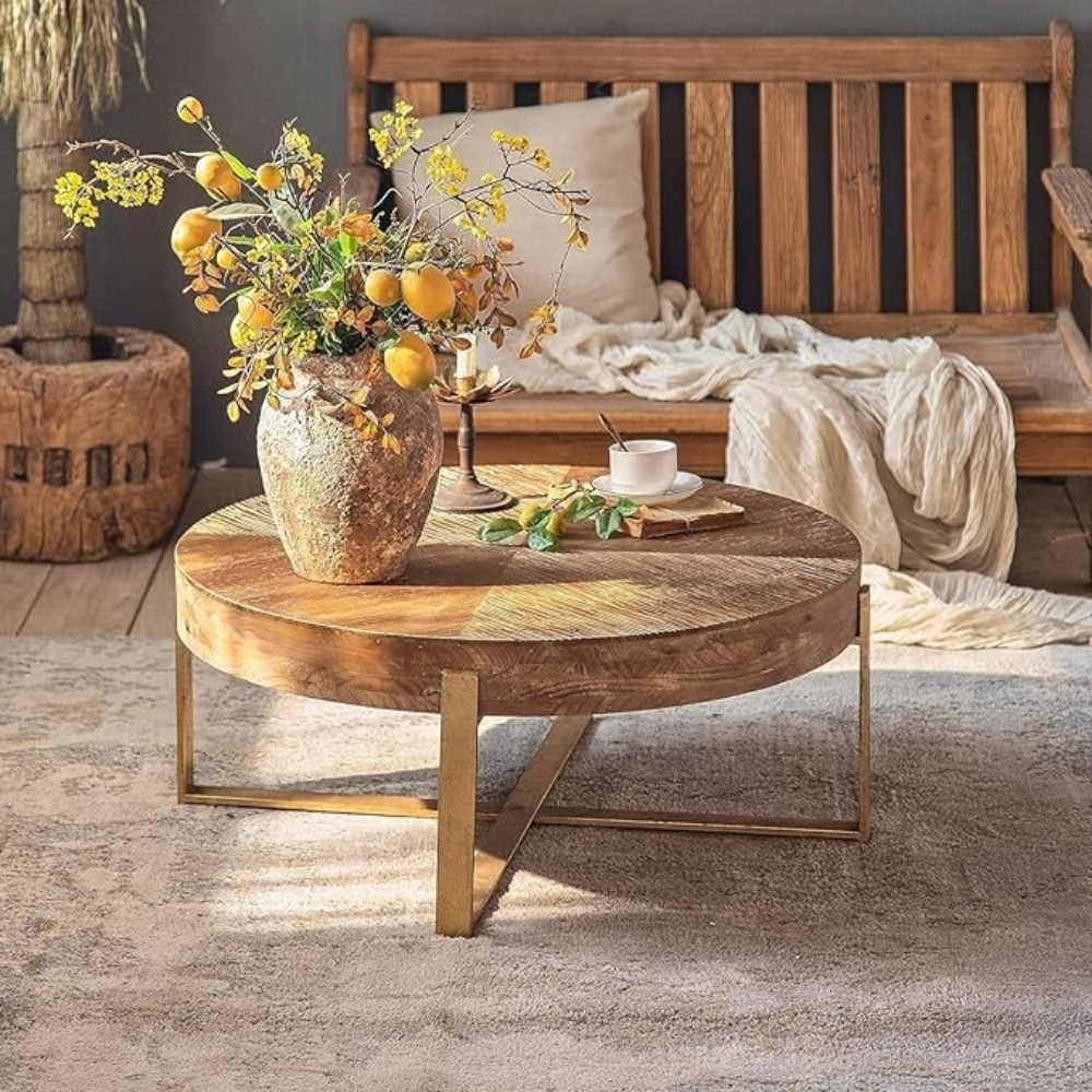 Modern Retro Coffee Table with Fir Wood Top and Gold Cross Legs