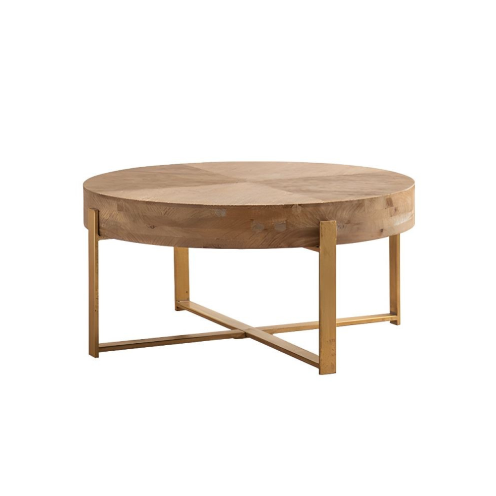 Modern Retro Coffee Table with Fir Wood Top and Gold Cross Legs