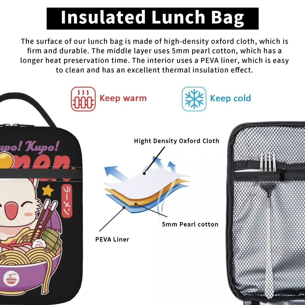 Moogle Kupo Ramen Game Final Fantasy XIVT Insulated Lunch Bags Leakproof Reusable Thermal Bag Tote Lunch Box School Picnic Men