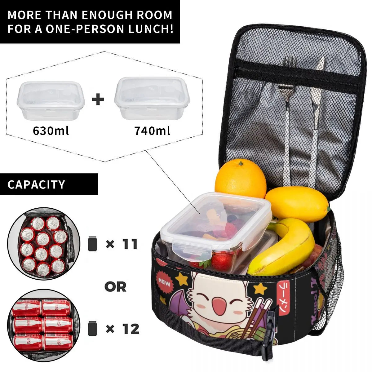 Moogle Kupo Ramen Game Final Fantasy XIVT Insulated Lunch Bags Leakproof Reusable Thermal Bag Tote Lunch Box School Picnic Men