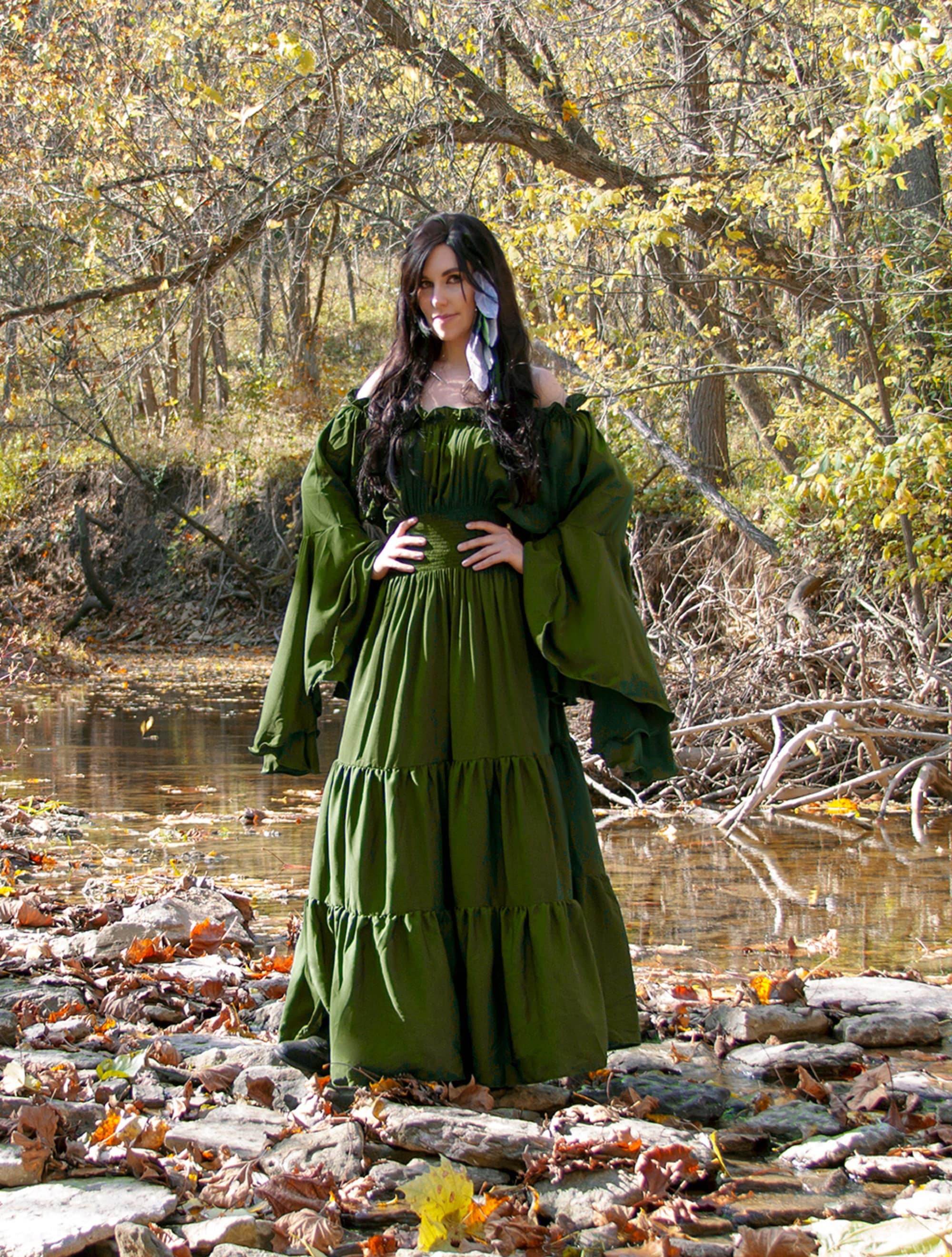MYTHIC WOODLAND FAIRY Renaissance Medieval Smocked Sword Mistress Chemise - Olive
