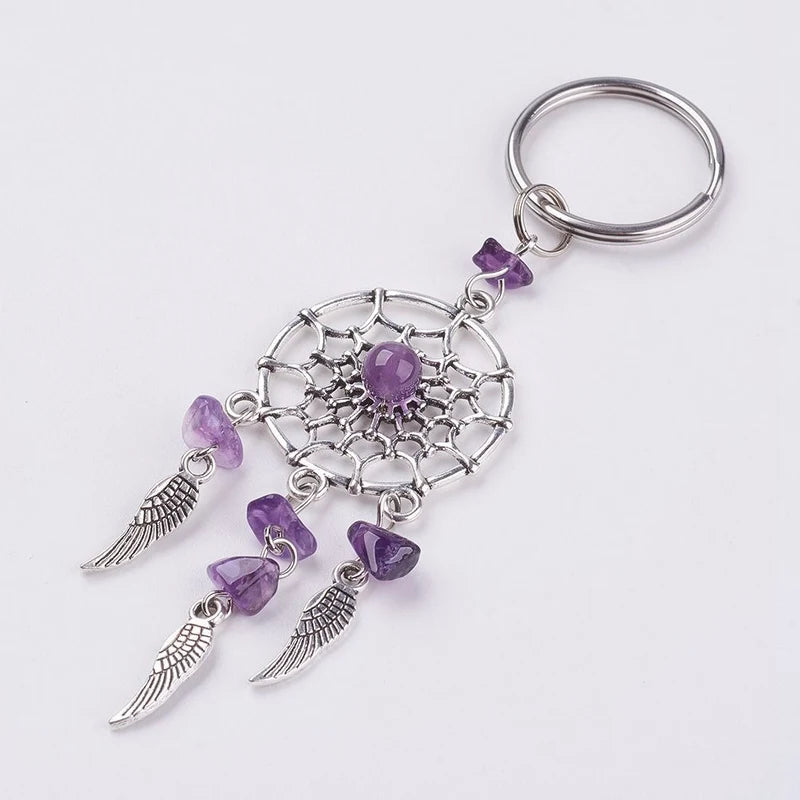 Natural Stone Dream Catcher Keyring Bag Charm Fashion Boho Jewelry Wing Keychain Opal For Women Girl Party Gift