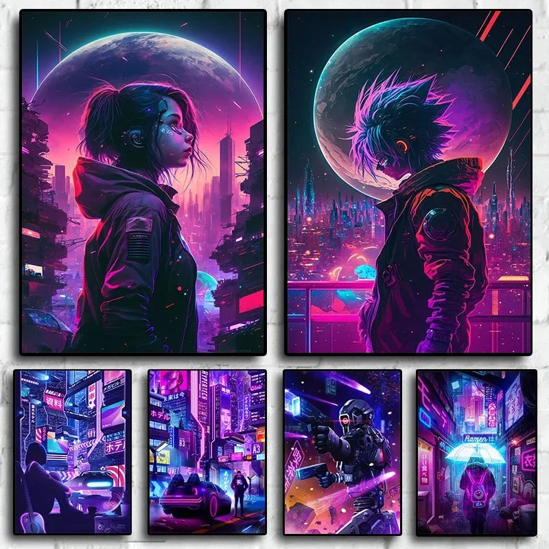 Neon Cyberpunk Dream Future City Poster Aesthetic Wall Art Anime Girl Car Canvas Print Home Decor Kawaii Gaming Room Decoration