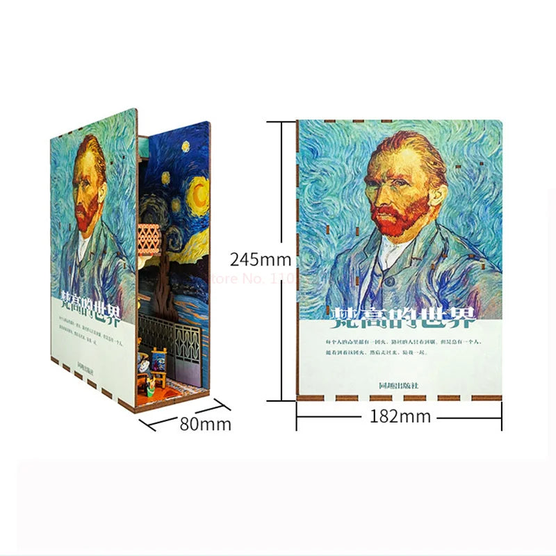 New DIY Book Nook Van Gogh's World Model Wooden Bookend Book Shelf Insert Bookcase With Light Kit Crafts Toy for Children Gifts