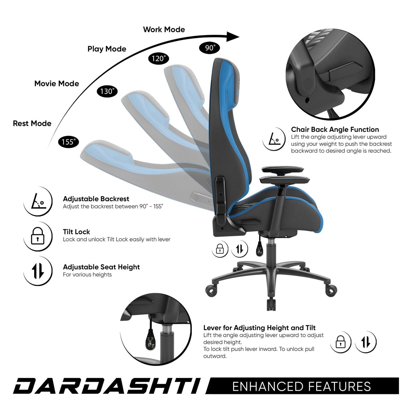 Next-Gen Ergonomic Gaming Chair, 8 Way Adjustable Arm Rest, Multi-Tilt, Steel Frame in Blue