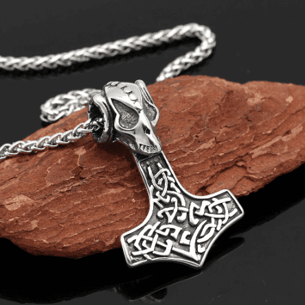 Vikings Goat Skull Mjolnir Pendant Necklace - 