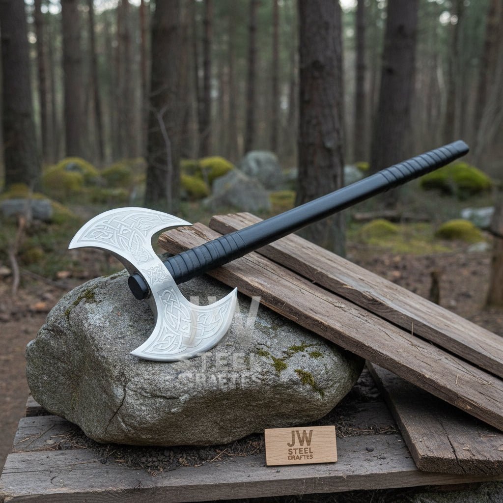 Handcrafted Double-Headed Decorative Axe featuring Nordic-style Engravings and Cord-wrapped Grip