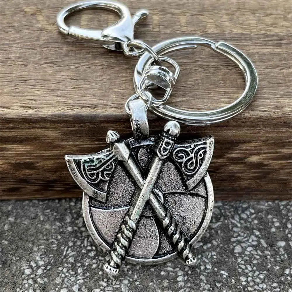 Nostalgia Double Axes And Shield Key Accessories Pendant Viking Jewelry Slavic Perun Axe Keychain Men Gift