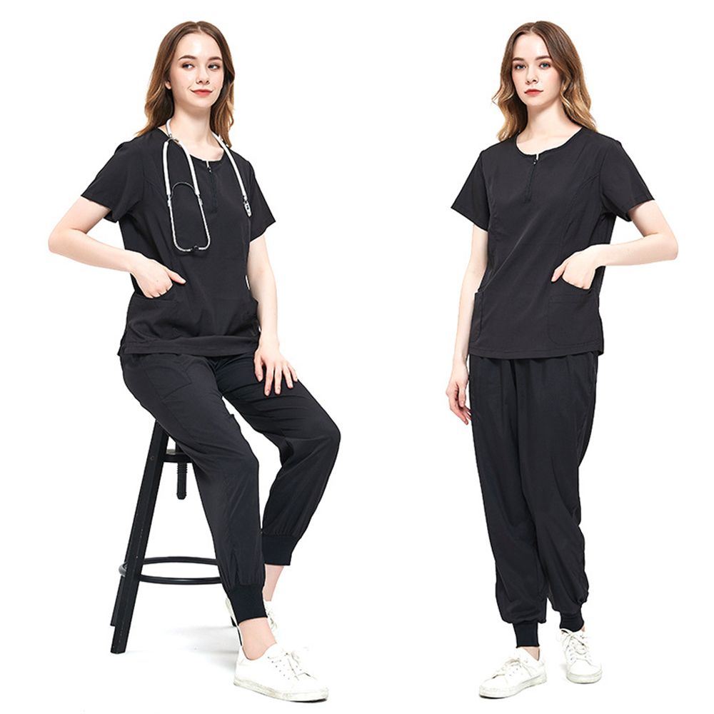 Nurse Work Two-piece Set, Crew Neck Pocket Front Scrub Tops & Drawstring Pants Outfits