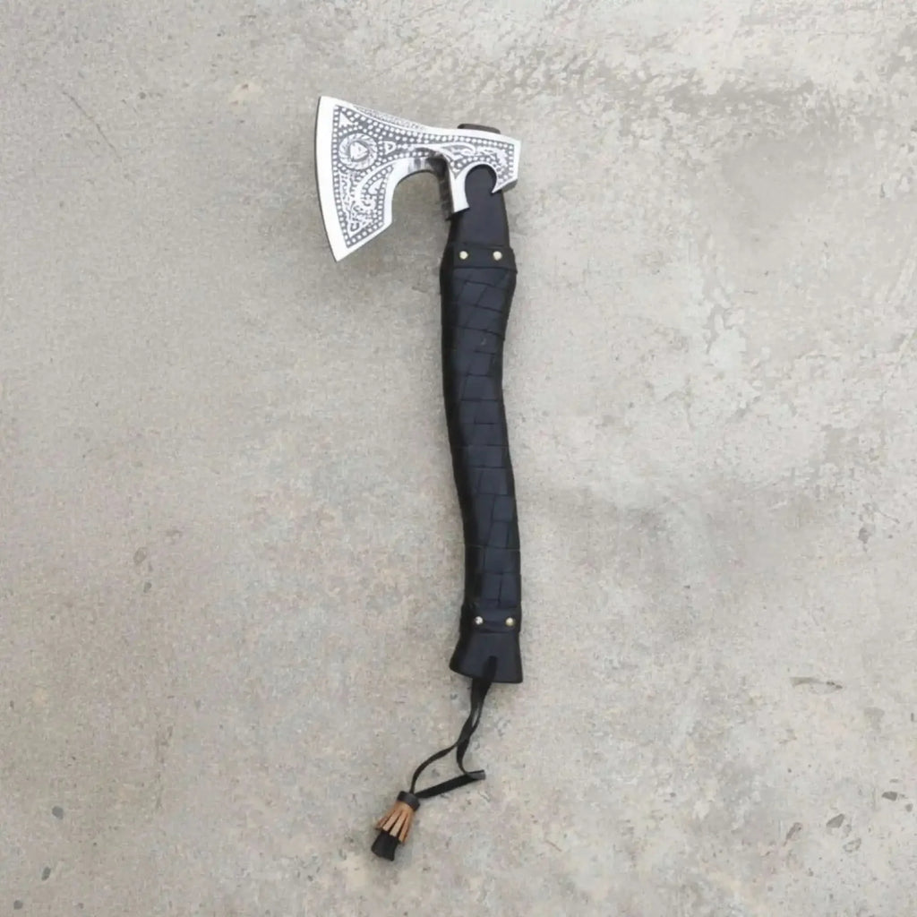 Handmade Viking Axe – High Carbon Steel Blade, Carved Wooden Handle, Leather Sheath – Custom Engraving Available