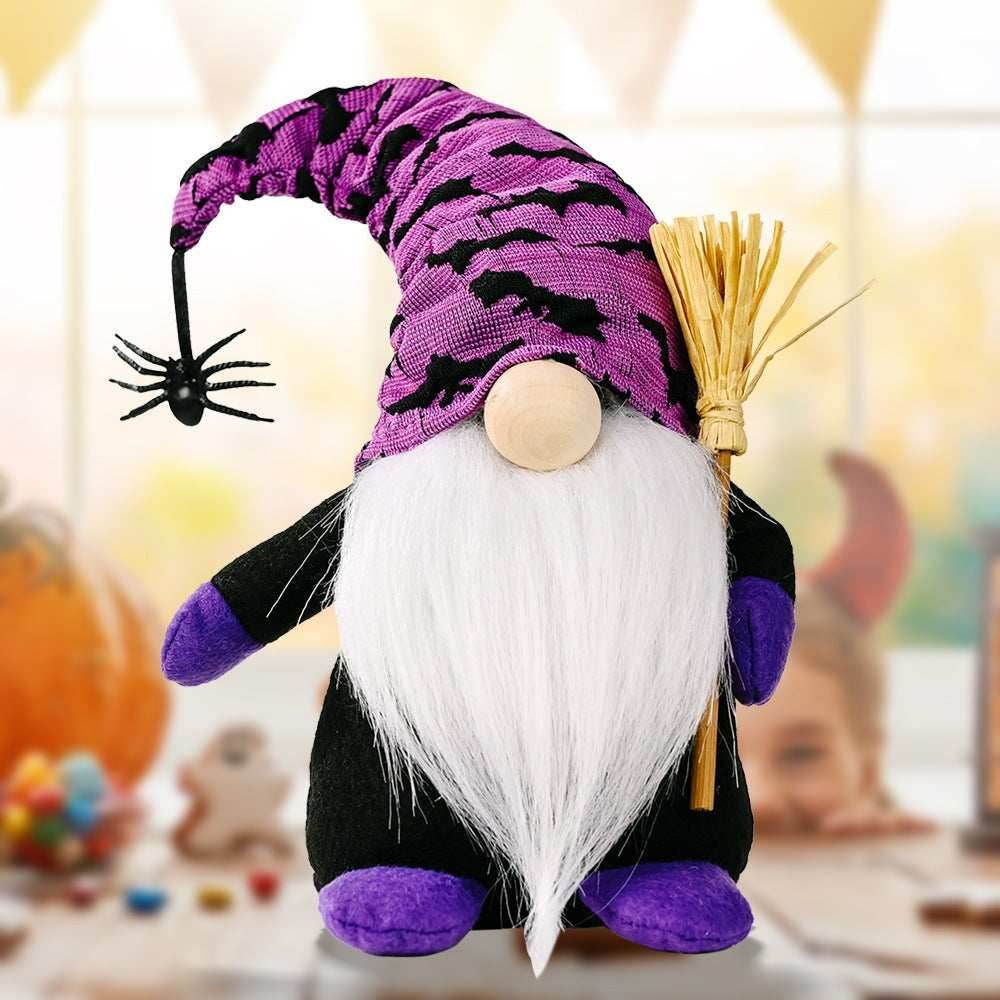 Halloween Gnome Set with Bat and Spider Accents, Orange and Purple Individual Gnomes Holding Broom - Set of Two