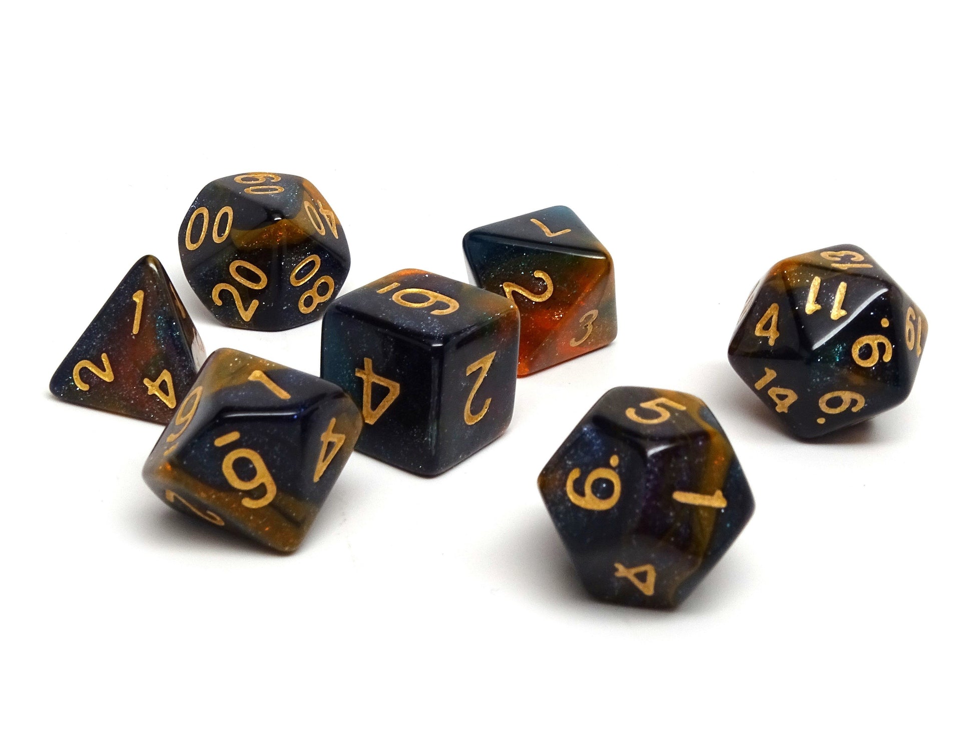 Orange and Blue Marble Dice Collection - 7 Piece Set