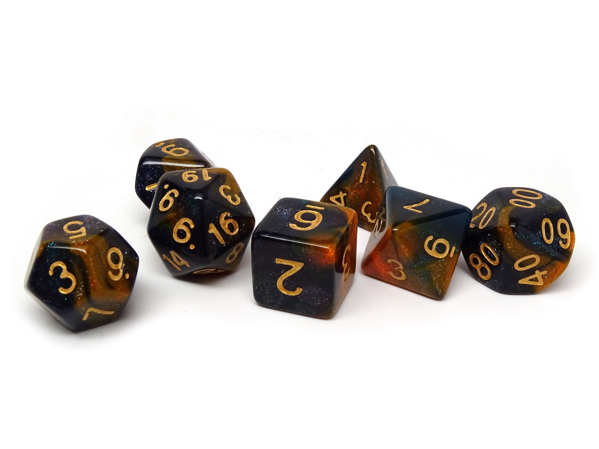 Orange and Blue Marble Dice Collection - 7 Piece Set