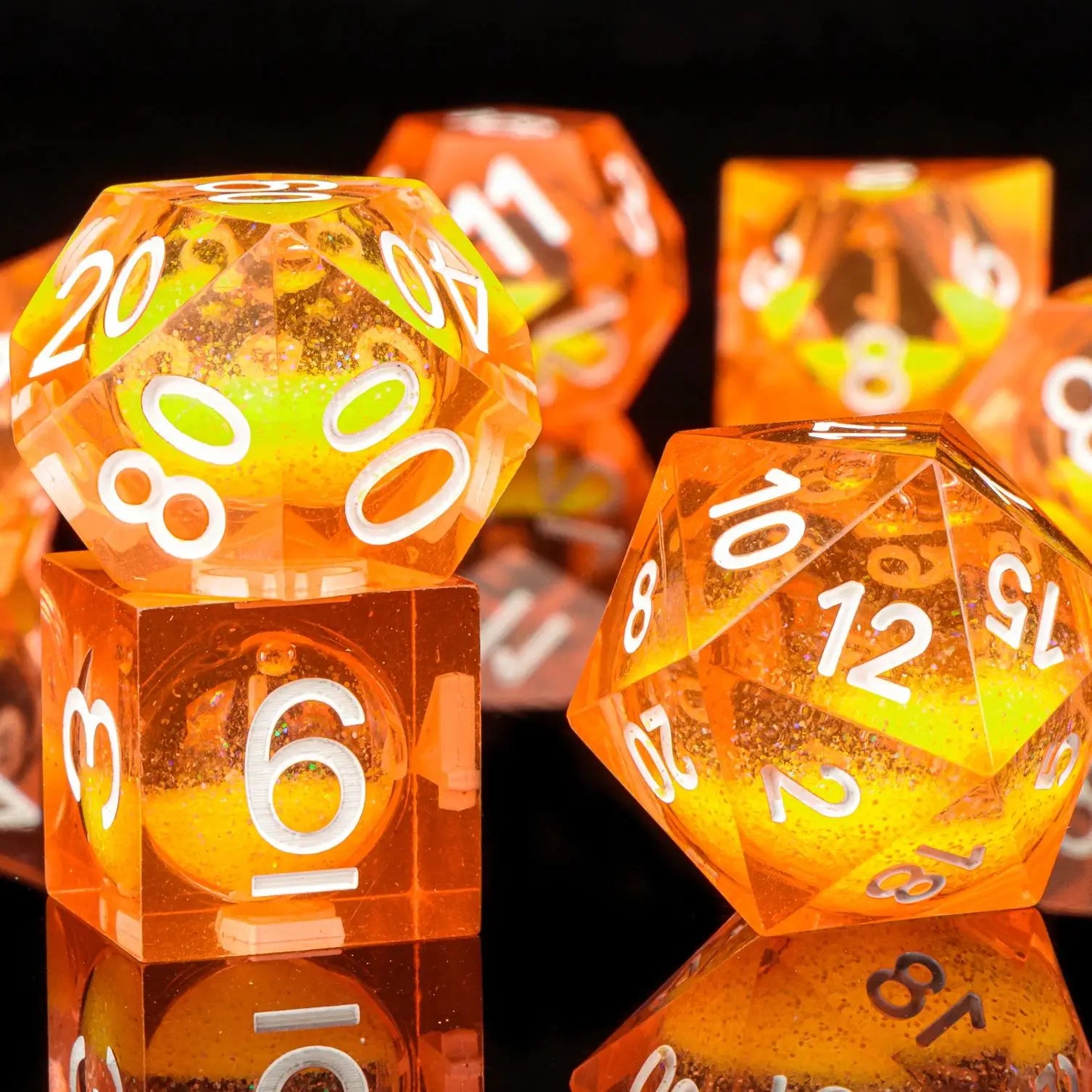 Orange Liquid Core DnD Sharp Edge Dice, Handmade Resin Polyhedral Dice Set for Dungeons and Dragons, Galaxy Dice Set, d d dice