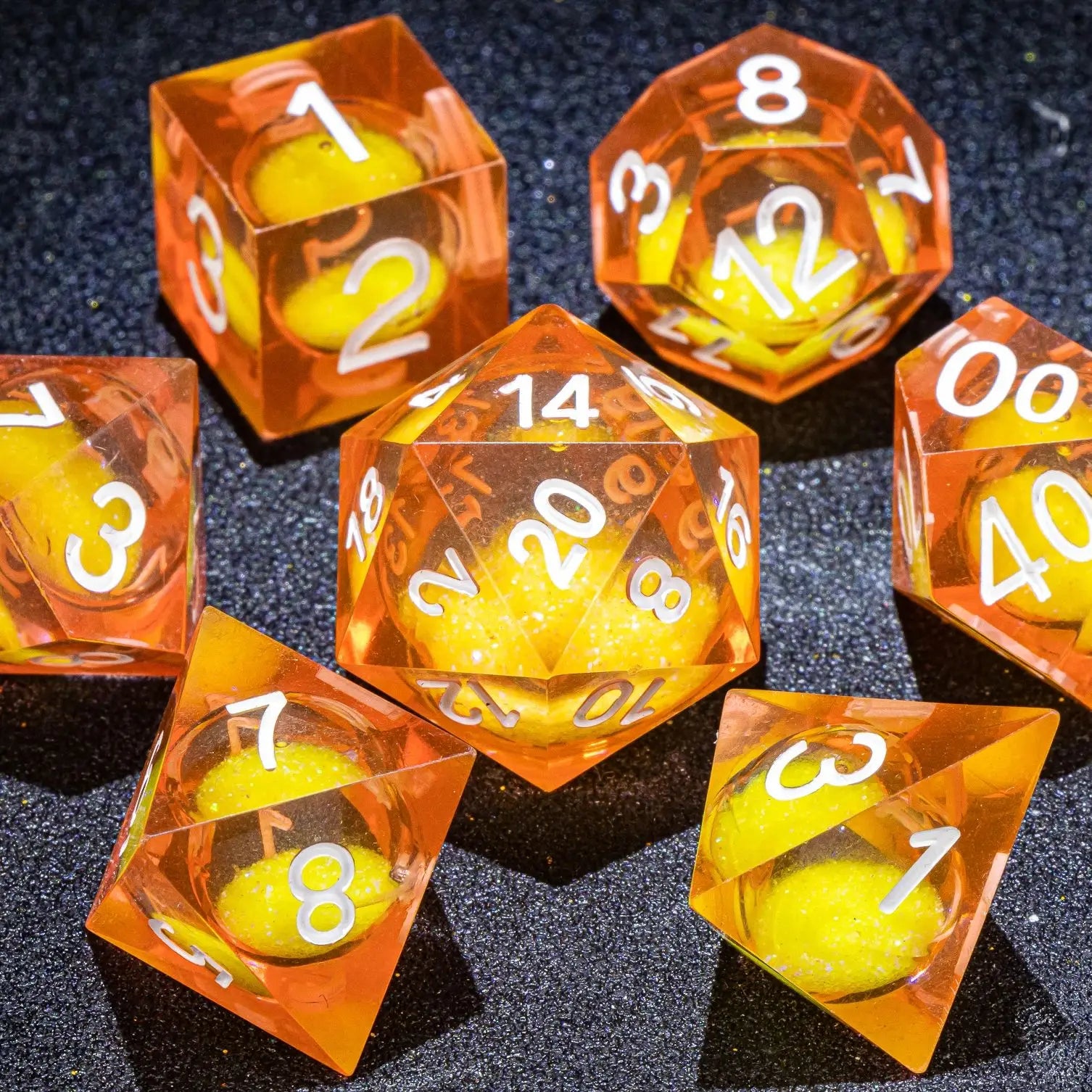 Orange Liquid Core DnD Sharp Edge Dice, Handmade Resin Polyhedral Dice Set for Dungeons and Dragons, Galaxy Dice Set, d d dice