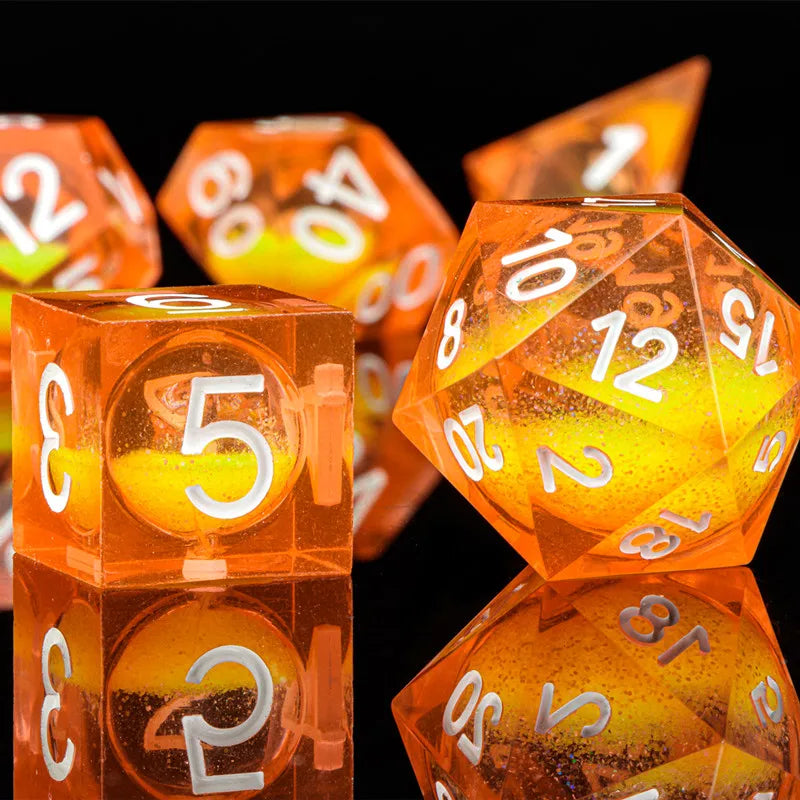 Orange Liquid Core DnD Sharp Edge Dice, Handmade Resin Polyhedral Dice Set for Dungeons and Dragons, Galaxy Dice Set, d d dice