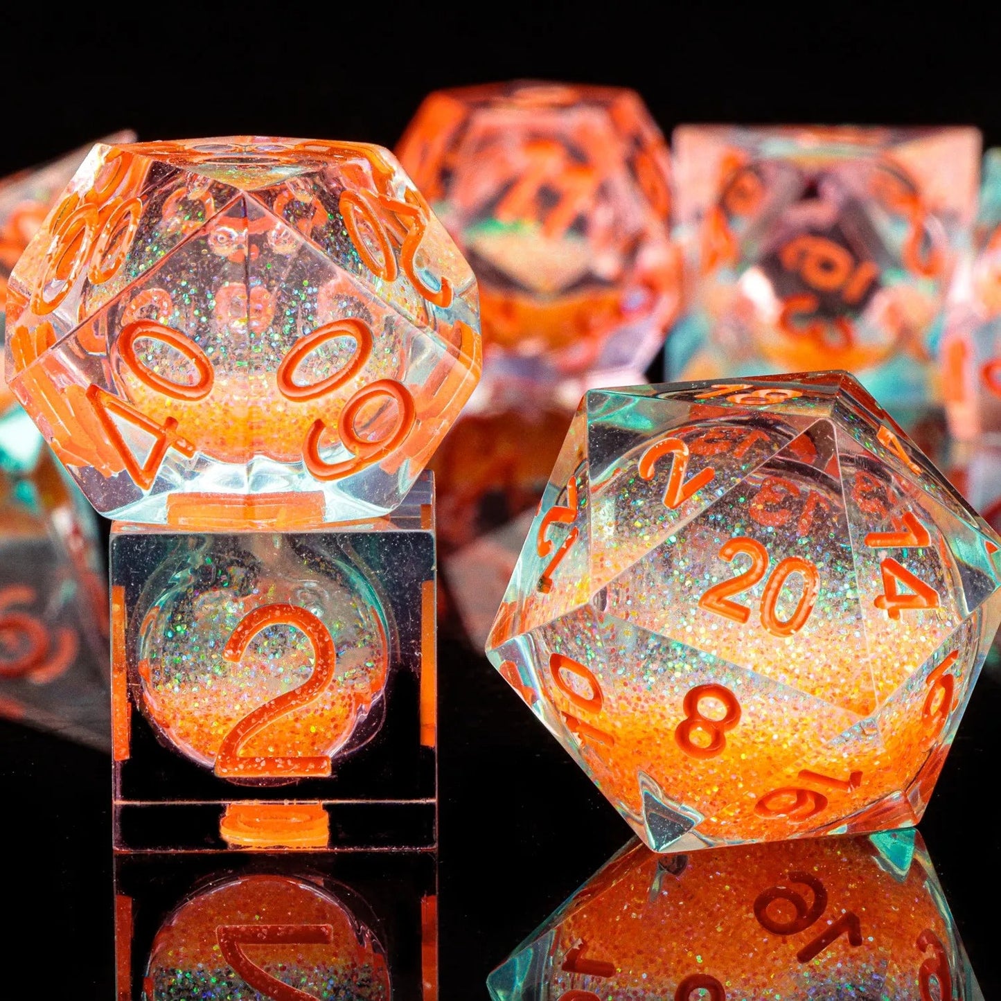 Orange Liquid Core DnD Sharp Edge Dice, Handmade Resin Polyhedral Dice Set for Dungeons and Dragons, Galaxy Dice Set, d d dice