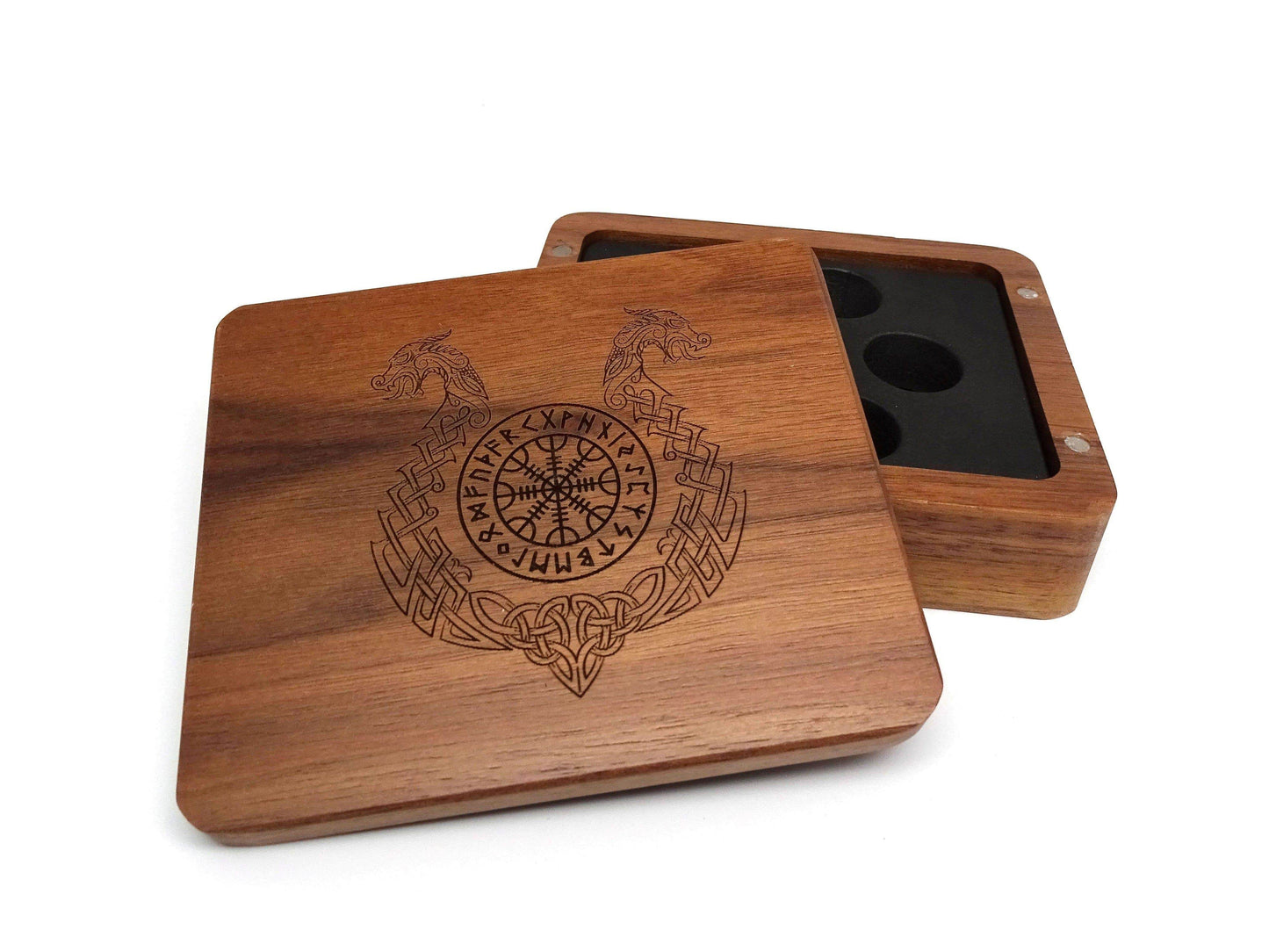 Ornate Helm of Awe Wooden Dice Case - Walnut Wood