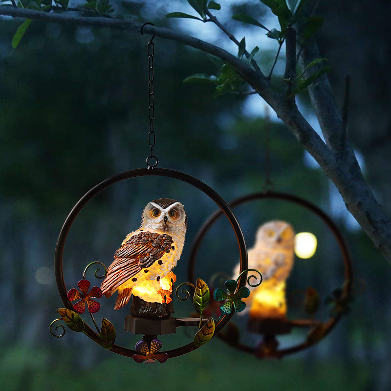 Owl Solar Resin Wrought Iron Hanging Light Outdoor Garden Garden Wind Chime Light LED Landscape Decoration Pendant Light