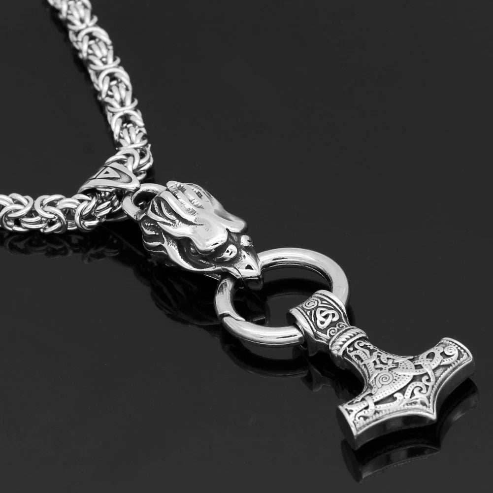 Vikings Raven's Head Mjolnir Stainless Steel Necklace - Rope Chain