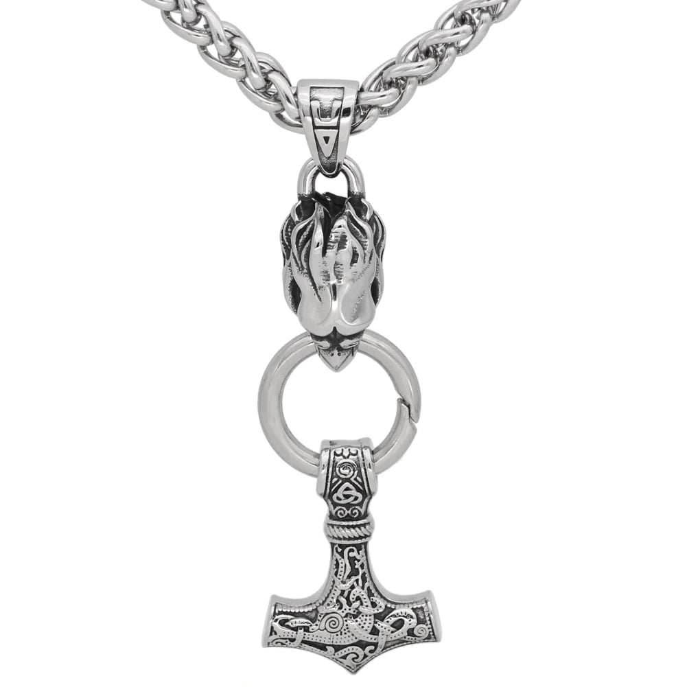 Vikings Raven's Head Mjolnir Stainless Steel Necklace - Rope Chain