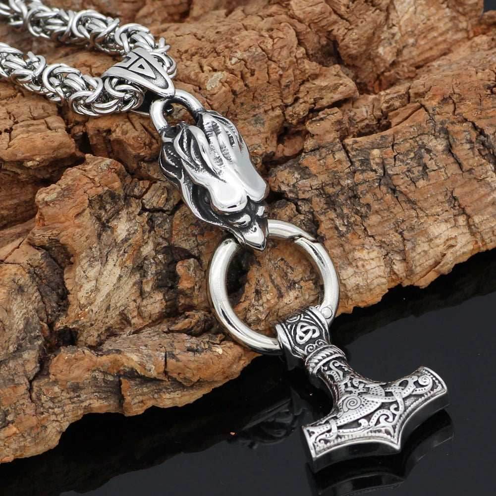 Vikings Raven's Head Mjolnir Stainless Steel Necklace - Rope Chain