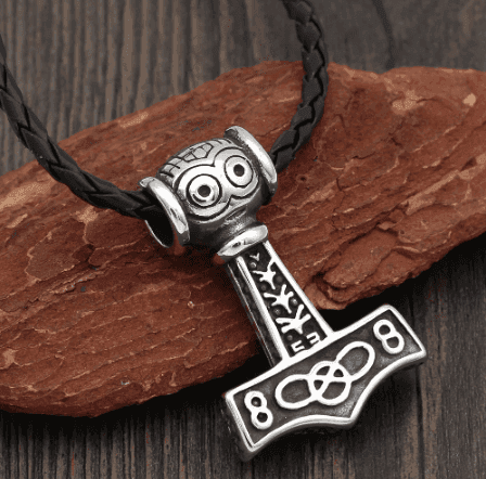 Vikings Thor's Face Mjolnir Pendant Necklace - Rope Chain