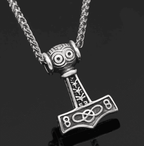 Vikings Thor's Face Mjolnir Pendant Necklace - Snake Chain