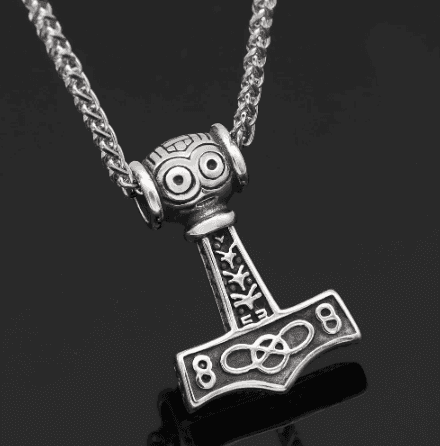Vikings Thor's Face Mjolnir Pendant Necklace - Snake Chain
