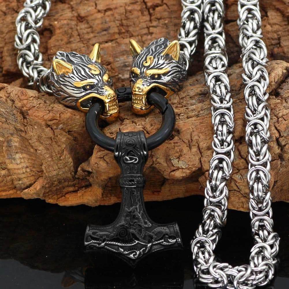 Vikings Wolf Head Mjolnir Stainless Steel Necklace - 50CM / 20 Inches / Black