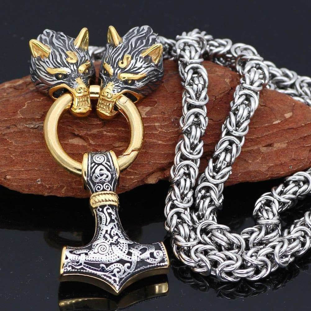 Vikings Wolf Head Mjolnir Stainless Steel Necklace - 50CM / 20 Inches / Gold & Silver