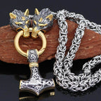 Vikings Wolf Head Mjolnir Stainless Steel Necklace - 50CM / 20 Inches / Gold & Silver