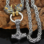 Vikings Wolf Head Mjolnir Stainless Steel Necklace - 50CM / 20 Inches / Silver