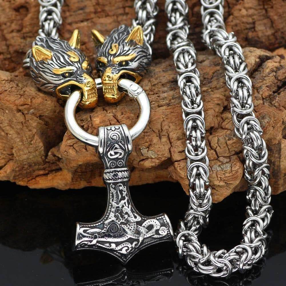 Vikings Wolf Head Mjolnir Stainless Steel Necklace - 50CM / 20 Inches / Silver