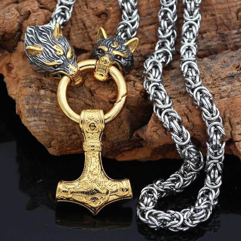 Vikings Wolf Head Mjolnir Stainless Steel Necklace - 50CM / 20 Inches / Gold