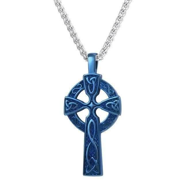 Celtic Triquetra Irish Cross Stainless Steel Pendant Necklace - Blue