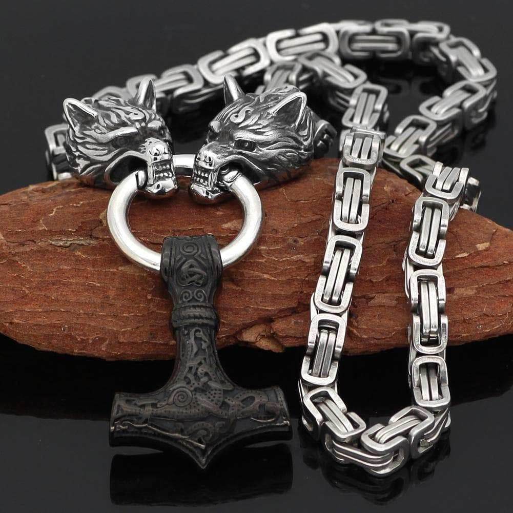 Vikings Wolf Mjolnir Stainless Steel King Chain Necklace - 50CM / 20 Inches